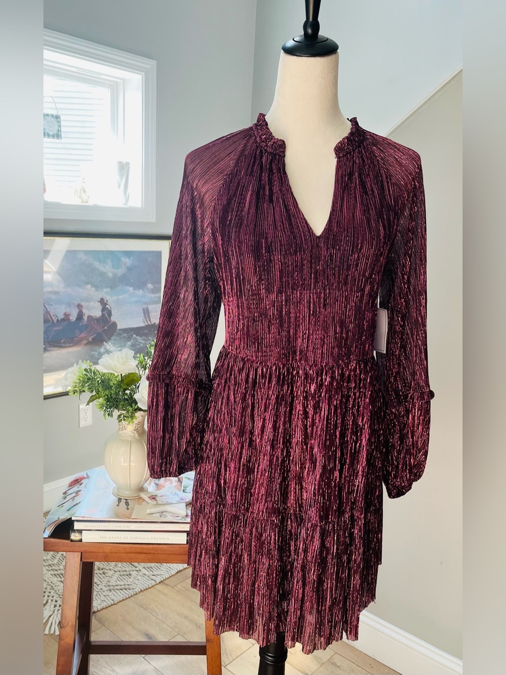 NEW 1.STATE Dress Mini Metallic Ruffle Neck Tier Bodice Sheer Sleeve Lined SMALL